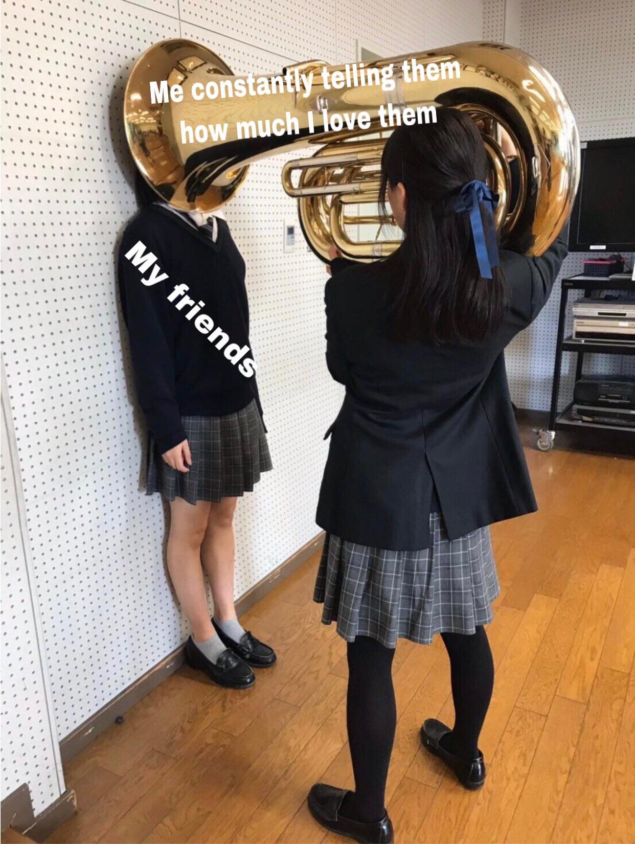 Love for friends /r/wholesomememes Girl Putting Tuba On Girl's Head