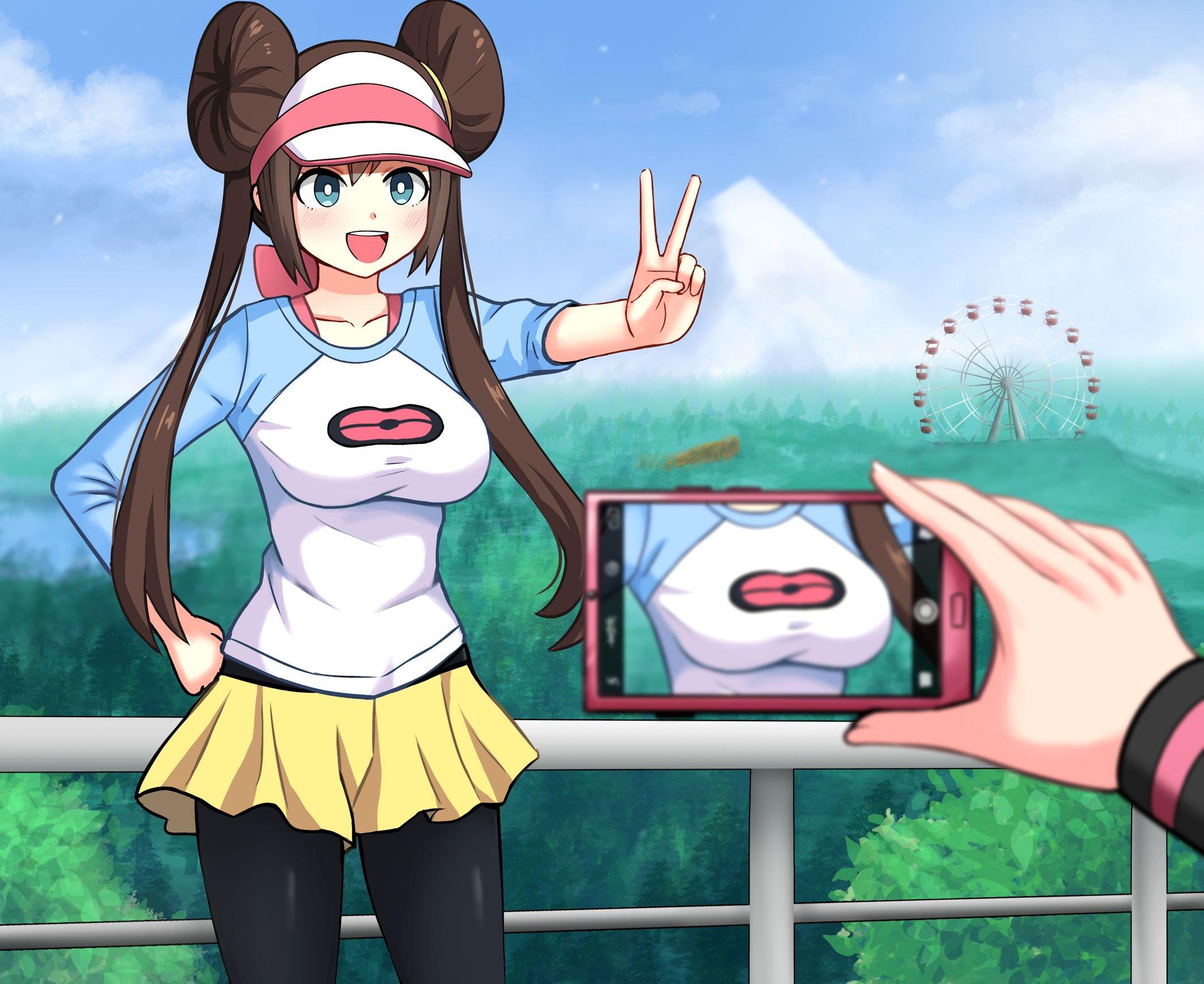 pokémon, rosa, camera, zoom, breasts, chest, boobs, trainer, victory sign, ...