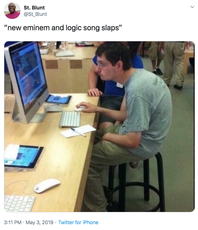 “new eminem and logic song slaps” Hunched Over at the Apple Store
