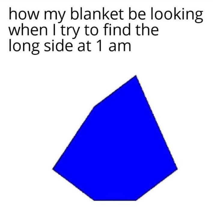 how my blanket be looking when I try to find the long side at 1 am Me