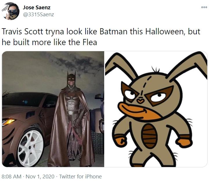 Travis Scott Tryna Look Like Batman This Halloween But He Built More Like The Flea Travis Scott S Batman Costume Know Your Meme Travis Scott Tryna Look Like Batman This Halloween But He Built More Like The Flea Travis Scott S Batman Costume Know Your Meme