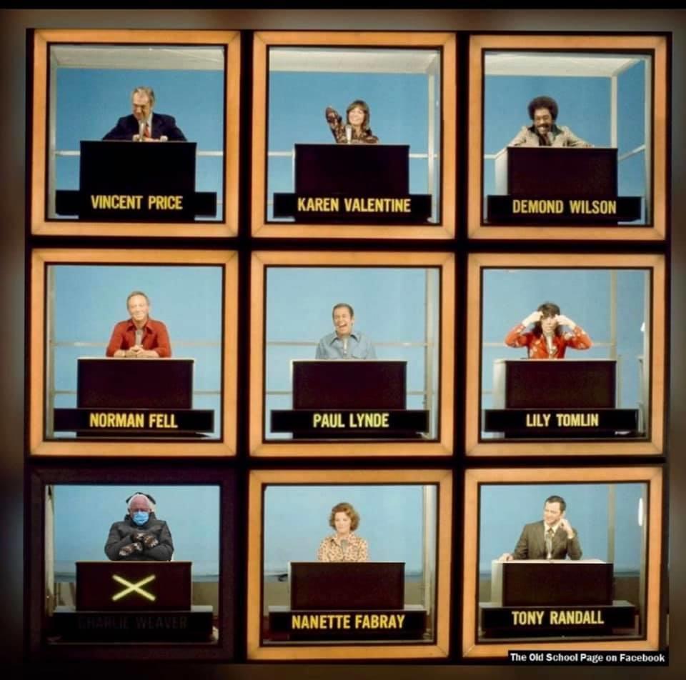 Hollywood Squares Chairman Bernie Bernie Sanders Wearing Mittens Sitting In A Chair Know Your Meme