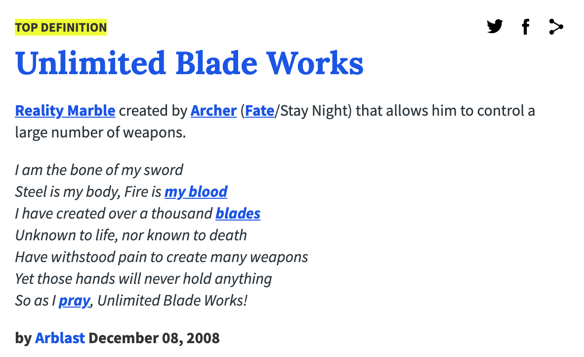 Urban Dictionary Unlimited Blade Works Know Your Meme