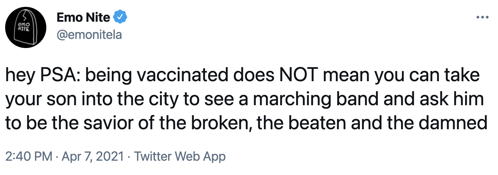 hey PSA being vaccinated does NOT mean you can take your son into the