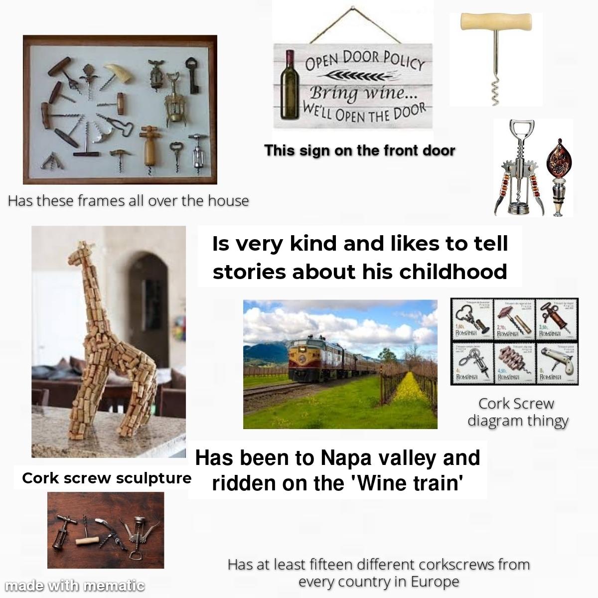 Grandpa that travels a lot and collects corkscrews as a hobby starter