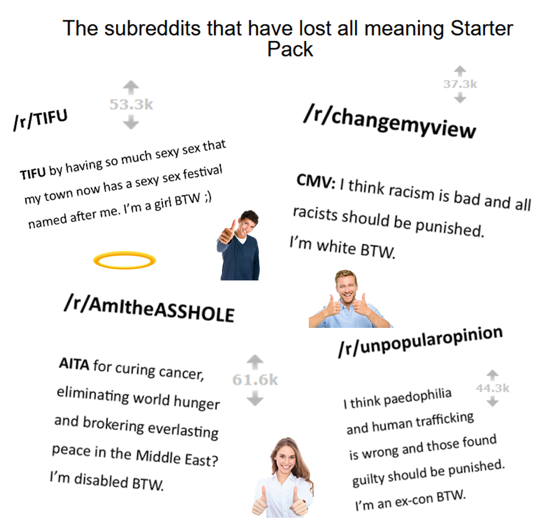 Subreddits that have lost all meaning starter pack. Resubmitted for breaking rule 6. /r