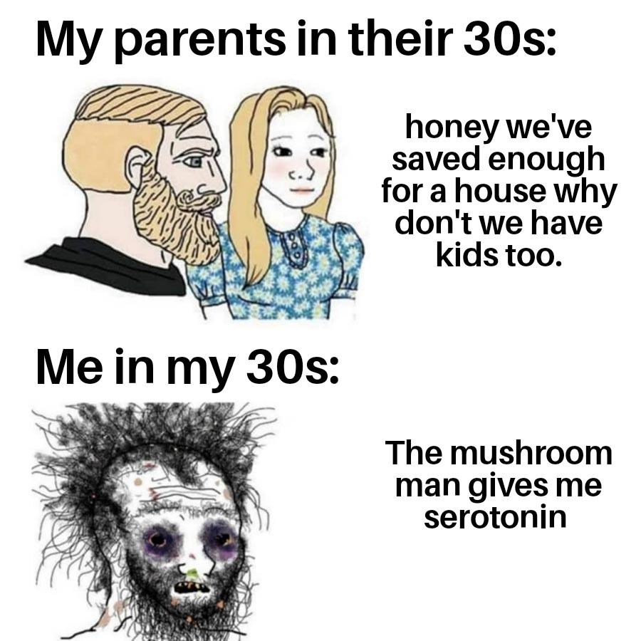 In my 30s | Shroomjak / Mushroom Wojak | Know Your Meme