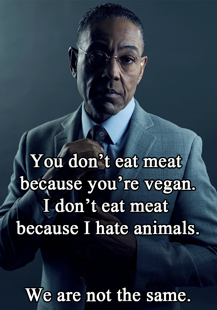 you don't eat meat because you're vegan, i don't eat meat because I