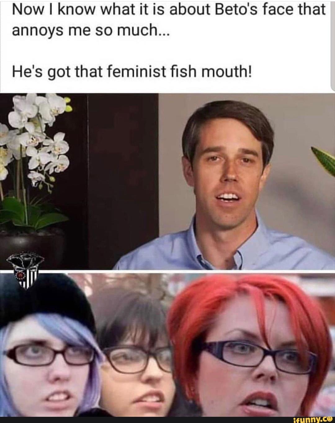 Now I know what it is about Beto's face that annoys me so much... He's got that feminist ﬁsh
