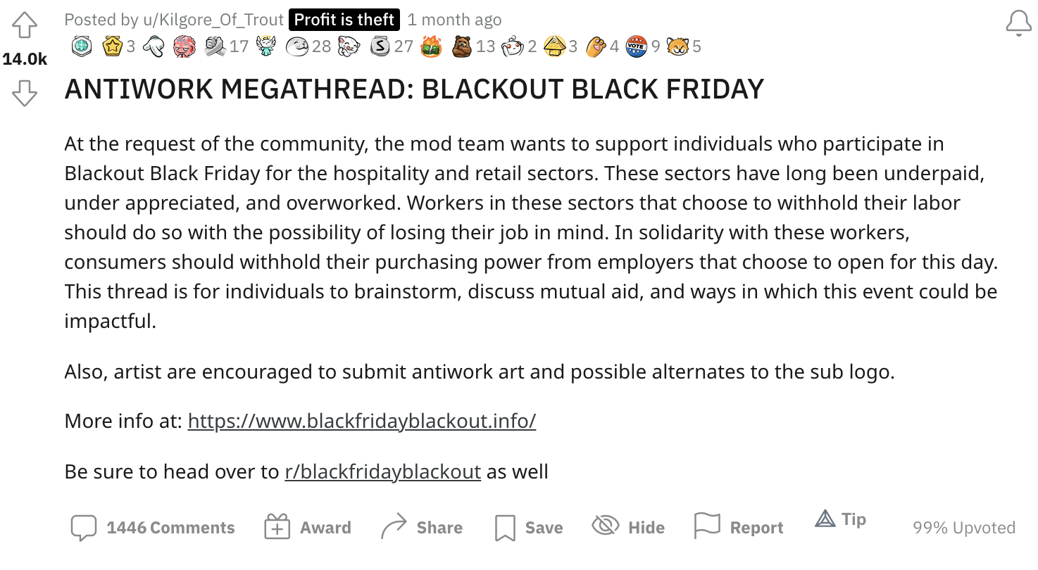 Black Friday Blackout r/antiwork announcement Black Friday Blackout