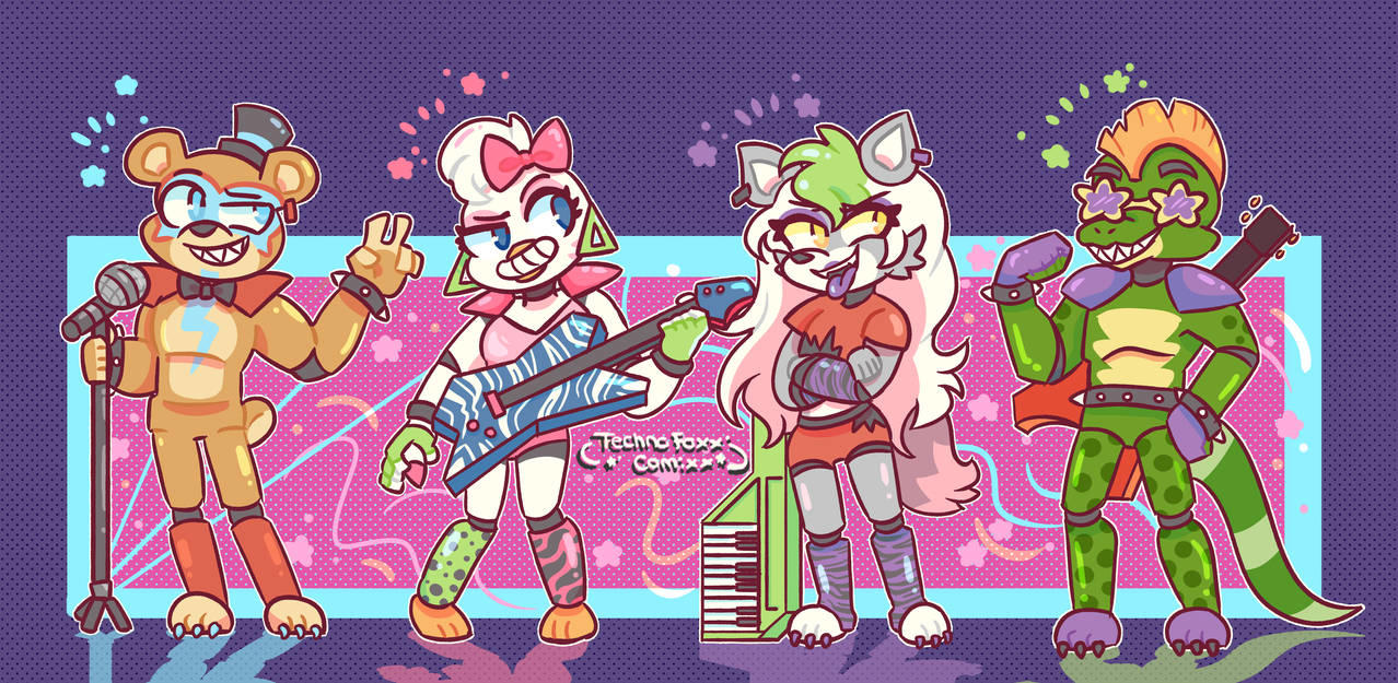 freddy fazbear, glamrock freddy, glamrock chica, chica, roxy wolf, roxanne wolf...