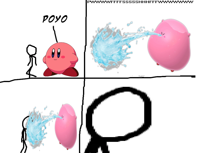 Kirby blows water at a stickman Kirby's Mouthful Mode Know Your Meme