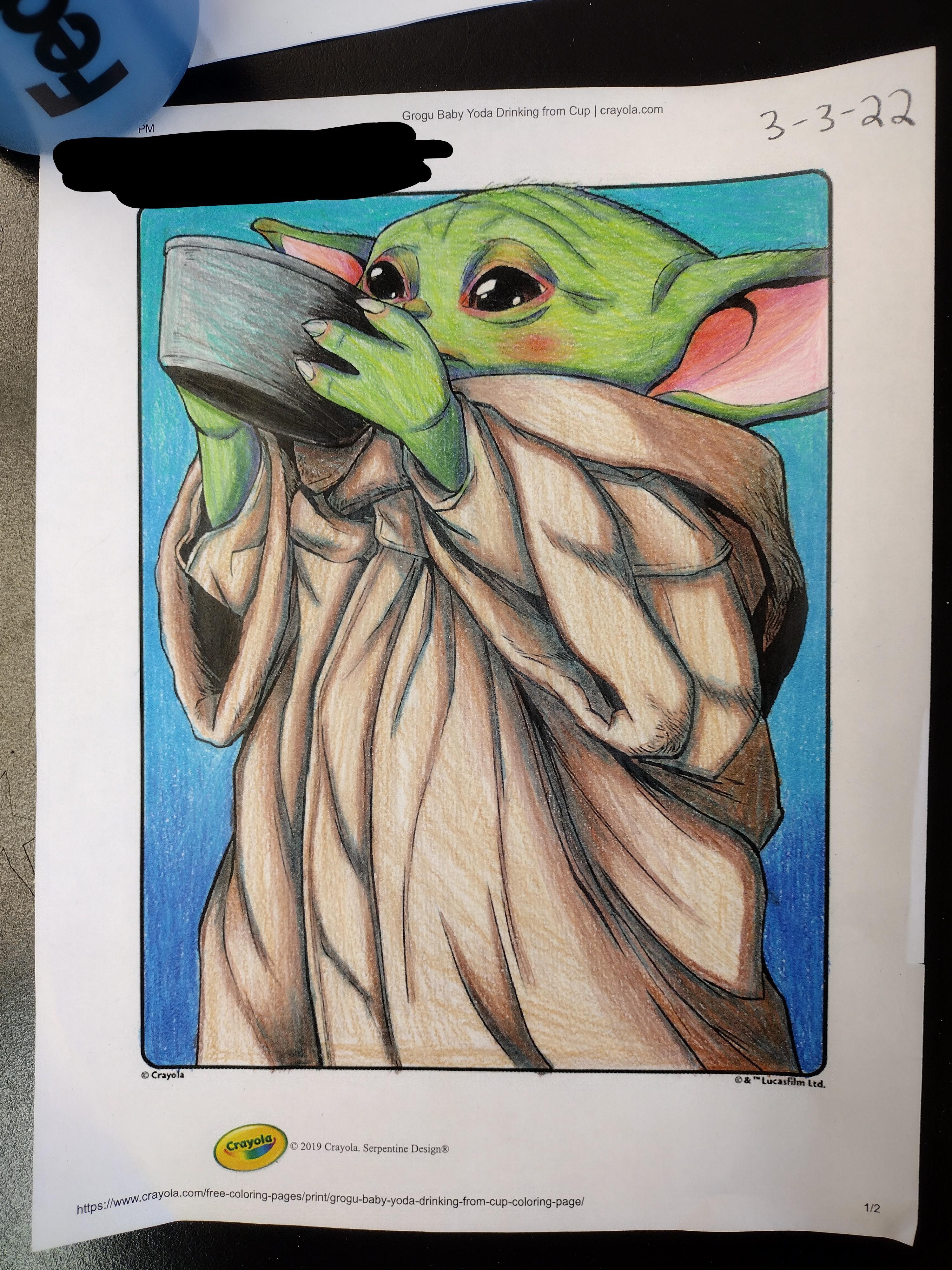 I colored this cool coloring page at school with some crayola colored  pencils. Hope y'all like it :) | /r/BabyYoda | Baby Yoda / Grogu | Know  Your Meme