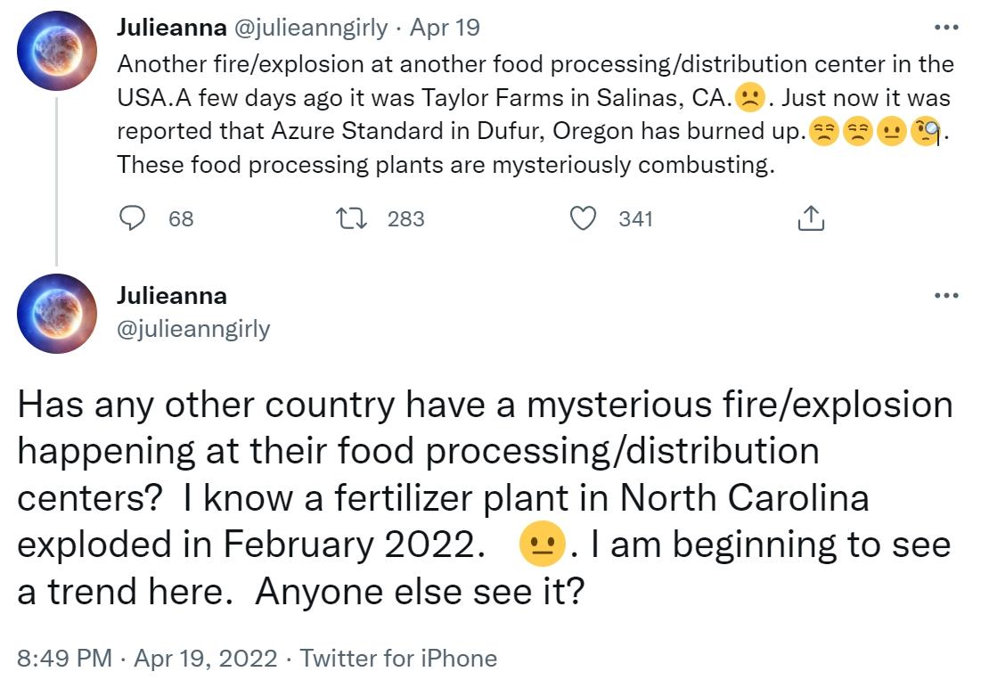 "Another fire/explosion at another food processing/distribution center