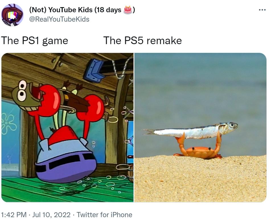 The PS1 game / The PS5 remake Crab Holding Up a Fish Know Your Meme