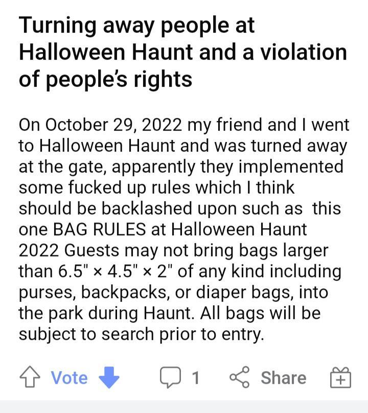 Karen's rights were violated because she can't bring a large bag into the theme park. /r