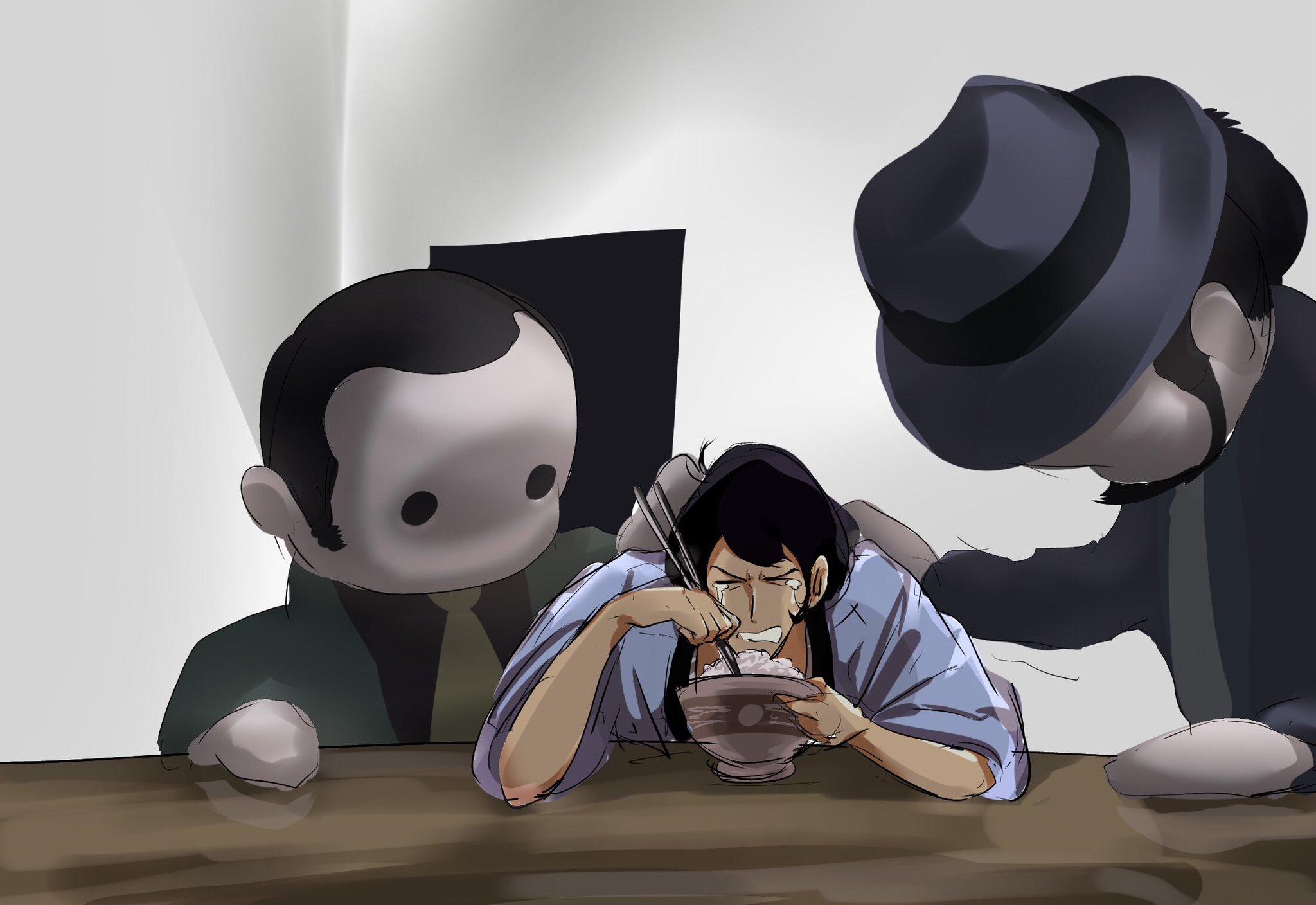 "Goemon sheds tears of emotion after being served Japanese food for the