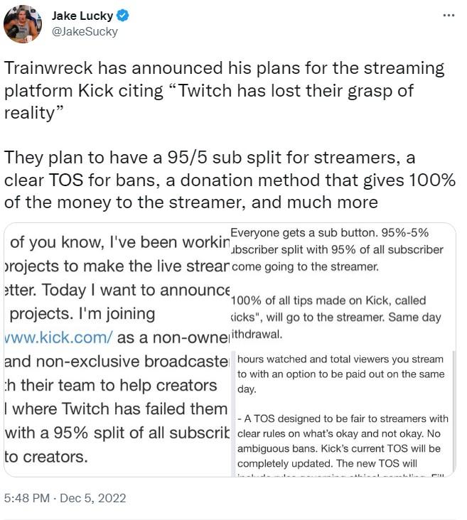 Trainwreck has announced his plans for the streaming platform Kick