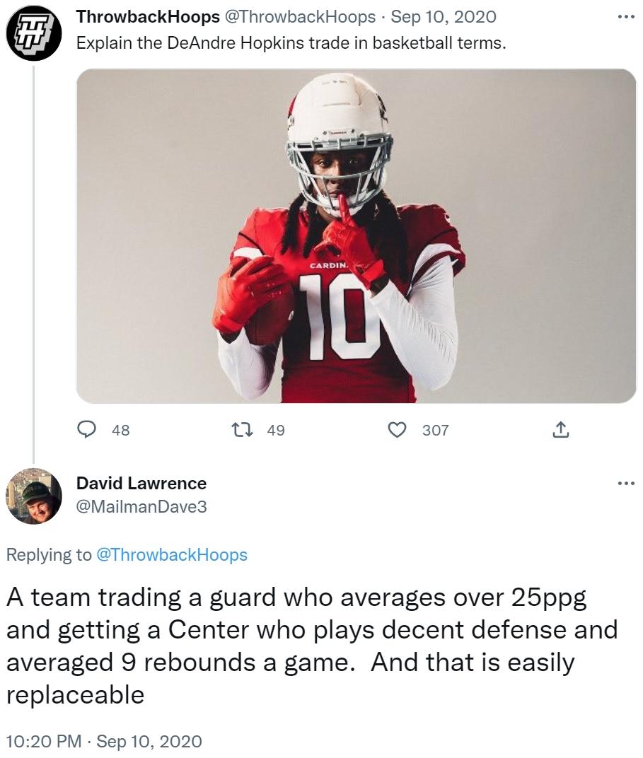 Explain the DeAndre Hopkins trade in basketball terms. Explain in