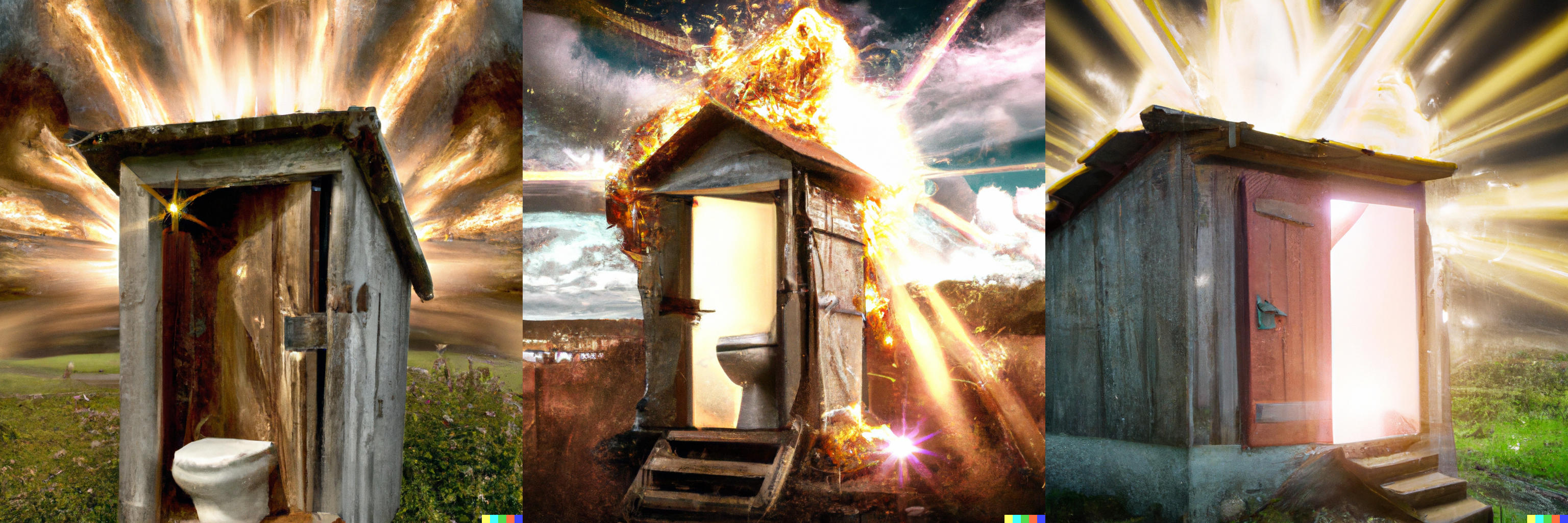 An old, dilapidated outhouse with the toilet erupting with the furious ...
