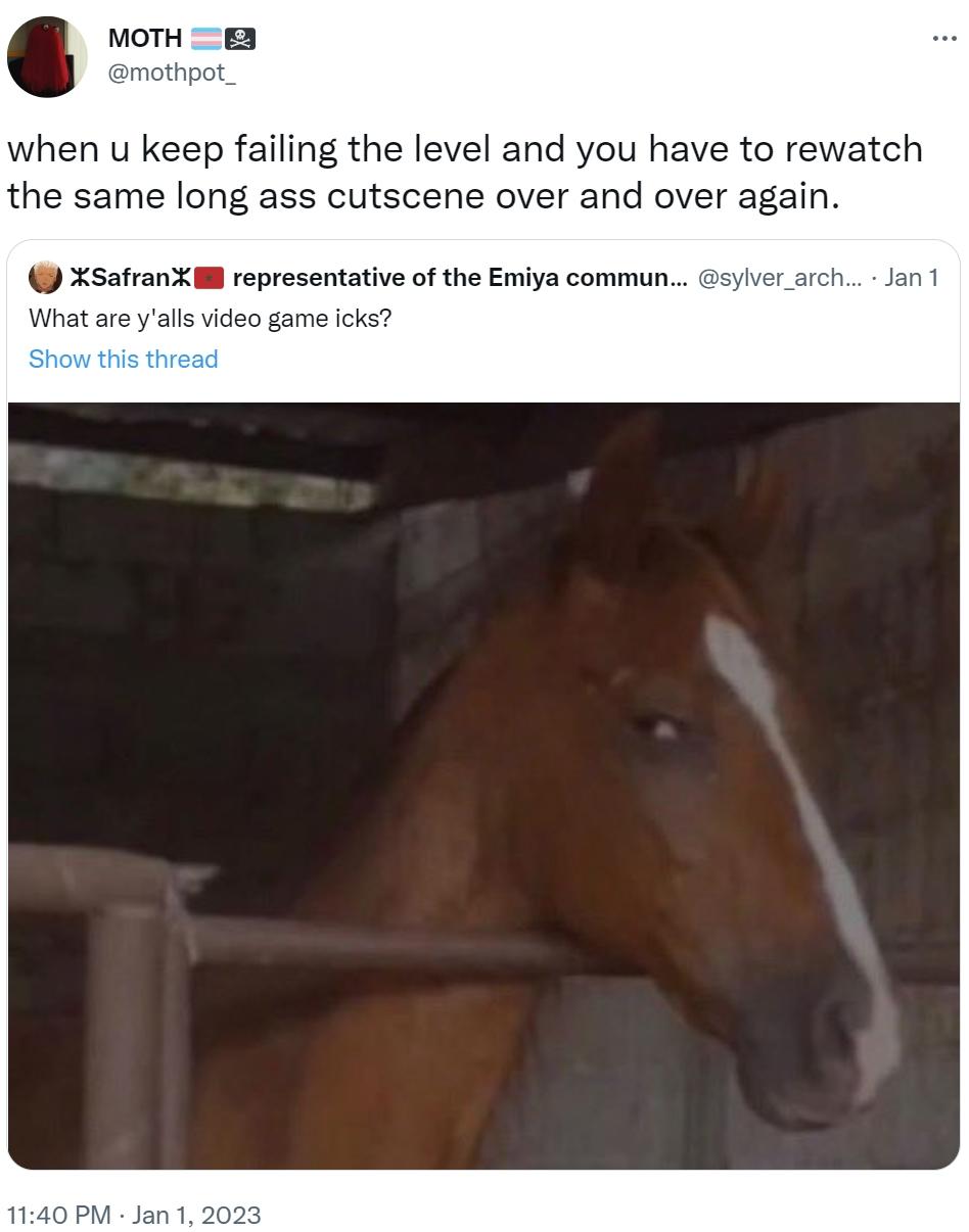 when u keep failing the level and you have to rewatch the same long ass