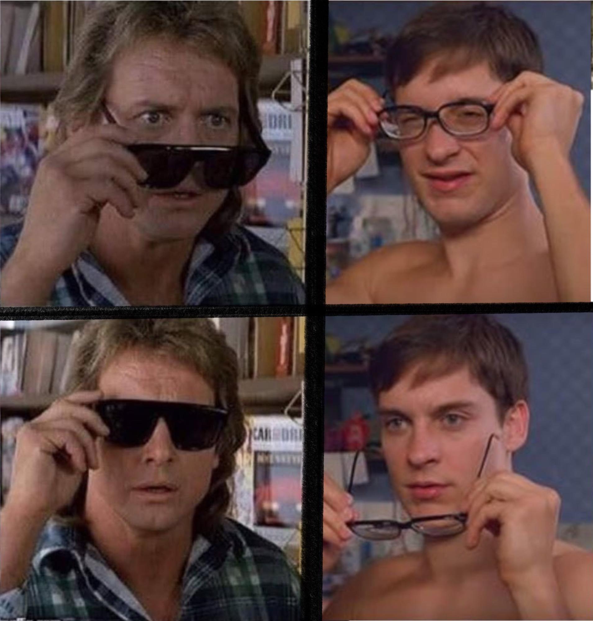 They Live glasses meme realizing SpiderMan glasses meme is always used wrong. This fraudulent