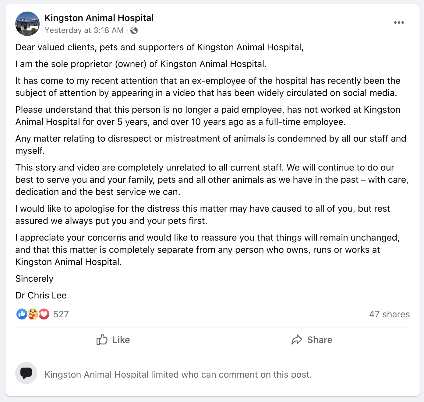 Kingston Animal Hospital Dr Chris Lee Facebook Post about Girl With