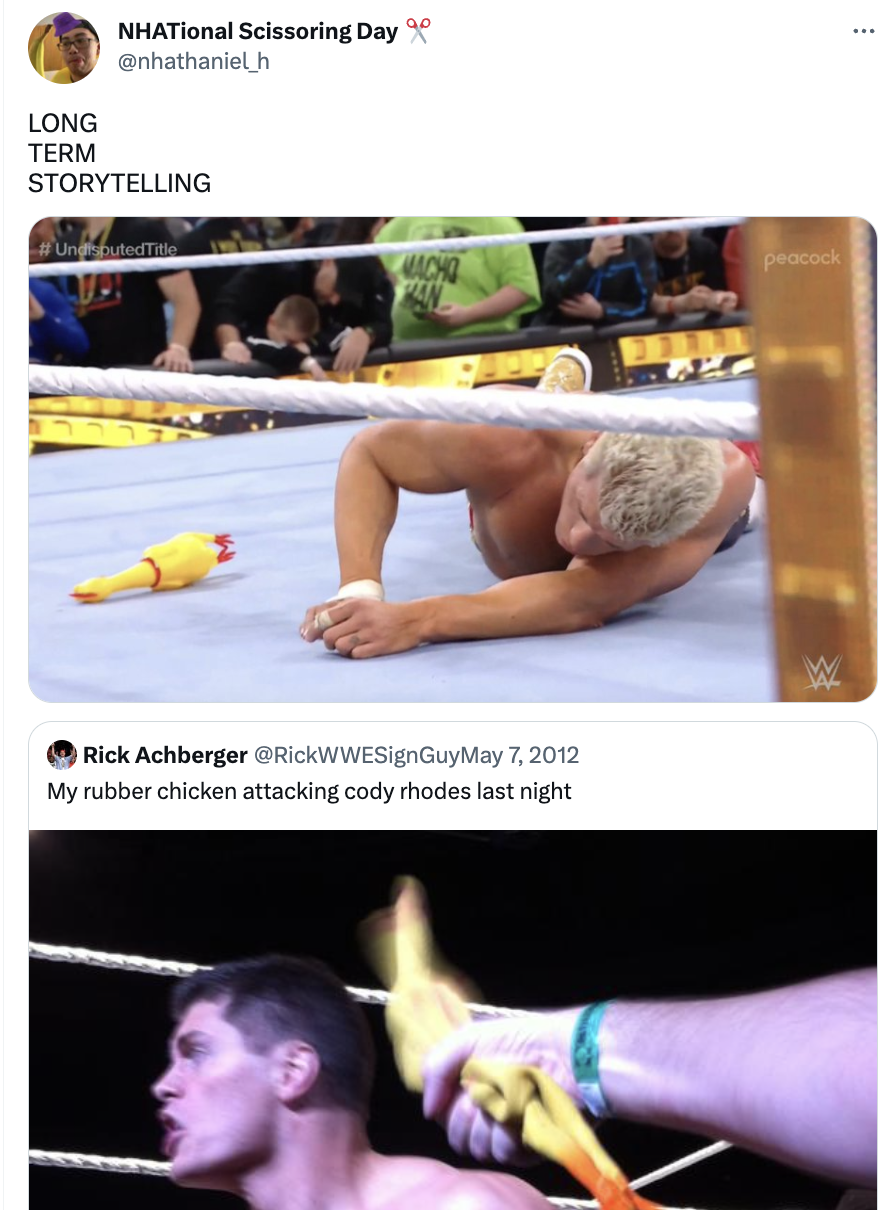 Long Term Storytelling Cody Rhodes Hit By A Rubber Chicken Know