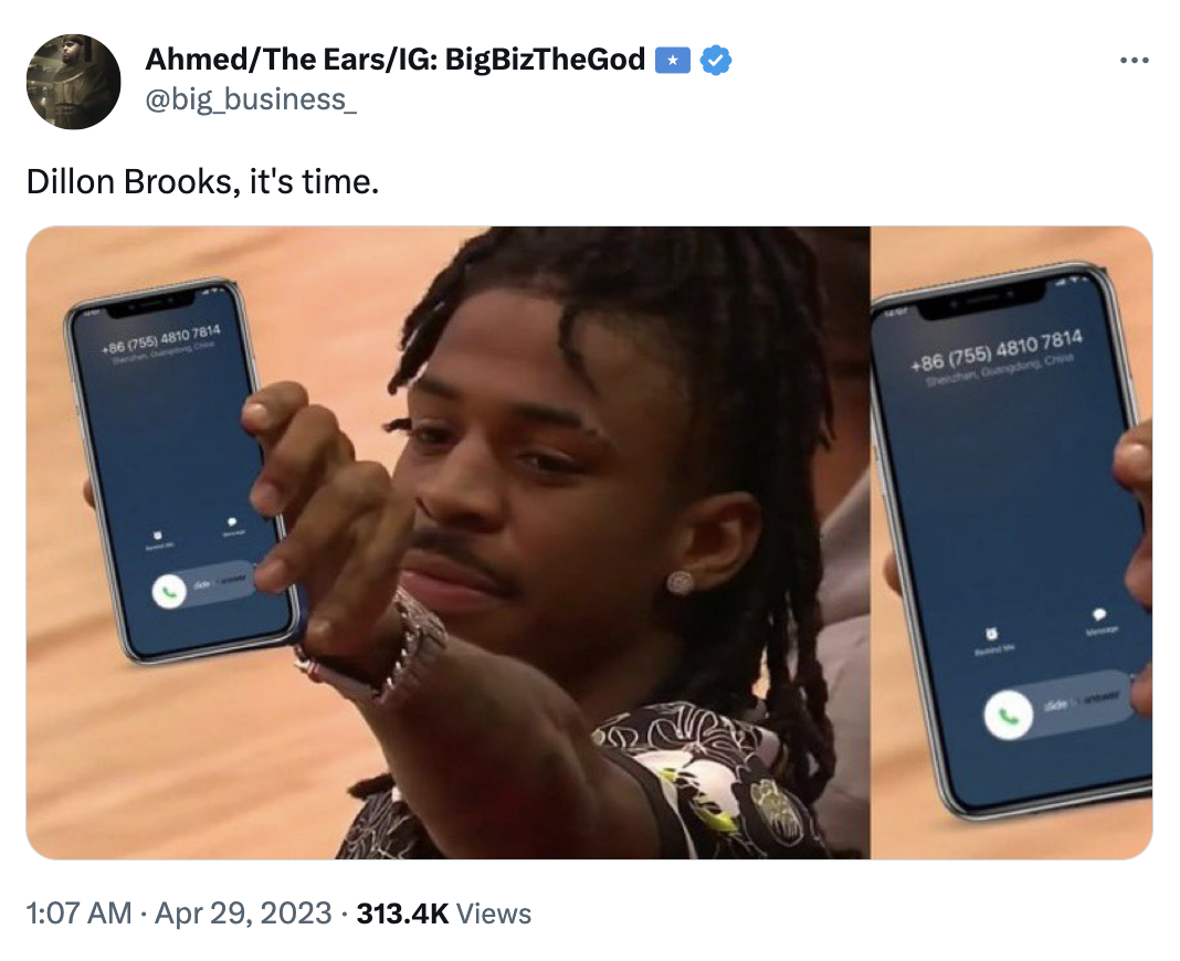 Dillon Brooks getting a call from China meme Shanghai Sharks Know