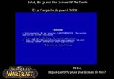 Salut, Moi je suis Blue Screen Of The Death Et je t'empeche de jouer à WOW fatal exception BE has occurred at 8137 BFFA21C9 The current application ill be terminated - Press any key to terminate the current application. lose any unsaved infornation in all applications -Press CTRL ALT DEL again te restart your conputer. Yoe il Press any key to cont ae WORLD Et toi, depuis quand tu joues plus à cause de moi ?