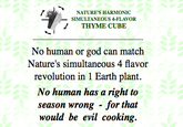 NATURE'S HARMONIC SIMULTANEOUS 4-FLAVOR / THYME CUBE No human or god can match Nature's simultaneous 4 flavor revolution in 1 Earth plant. No human has a right to season wrong - for that would be evil cooking.
