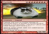 Cattank PROFILEB RAND COM Creature-Legend Cattank may deal its combat damage to defending playcr as though it werent blocked. Cattank is indestructiblc. ("Destroy" effects and lethal damage dont destroy it.) SPACE AND TIME ARE NO OBSTACLE TO CATTANK CATTANK IS STRONG 60/80