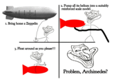 2. Pump all its helium into a suitably reinforced scale model. I. Bring home a Zeppelin 3. Float around as you please!!! Problem, Archimedes?