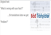 Pogrešan prijevocd vea Translation error Kadpnos vi erre "What is wrong with your face?!" 56 translations later we get: Bǎ Transatór in la Problem?" umaczeniu Err Eroare d Prevod napake ores de traducción