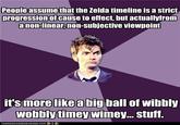 People assume that the Zelda timeline is a strict progression of cause to effect, but actuallyfrom a non-linear,non-subjective viewpoint it'smore like a big ball of wibbly wobblytimey wimey... Stuff. IORNHASCHEEZBURGER.COM 흡 륵 e