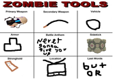 ZOMBIE TOOLS Primary Weapon Secondary Weapon Vehicle Armor Battle Anthem Sidekick Stronghold Location Last Words O R