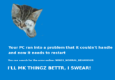 Your PC ran into a problem that it couldn't handle and now it needs to restart You can search for the error online: WIN32_NORMAL_BEHAVIOUR I'LL MK THINGZ BETTR, I SWEAR!