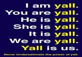 I am yall You are yall. He is yall She is yall. It is yall. We are vall. Yall is us Never Underestimate the power of yall.