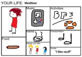 YOUR LIFE: Medibee Music: Activities: Habitat: ransportation Food Hangs out with: Quote: "I like stuff"
