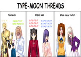 TYPE-MOON THREADS Powerlevels Shipping wars Where are our routes?! SLUTSLUTSLUT BITCHBITCHBITCH SLUTSLUTSLUT BITCHBITCHBITCH SLUTSLUTSLUT BITCHBITCHBITCH Ea GG, lol implying it's not Marble Phantasm GG Can I kill servants?