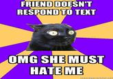 FRIEND DOESN'T RESPONDTO TEKT OMG SHE MUST HATE ME memeienerator.ne