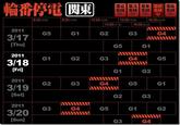 輪番停電圆圆 EE 壨岡 第壱 第弐|第参 第伍 集団 G4 集団 G5 G1G2 6.20-1000 9-20-1300 12-20-1600 15:20-1900 18:202200 13:50-1730 16:50-203 2011 G5 G1 G2 G3 G4 [Thu] G5 G1 2011 G4 G5 3/18 G1 G2G3 [Fri] 2011 3/19 [Sat] 2011 3/20 [Sun] G1 G2 G2 G3 G4 G5 G1 G2 G3 G3 G4 G5 G1 G2 G3 G4