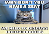WHY DONT YOU HAVE A SEAT WENEED TO DISCUSS CHEESEBURGERS