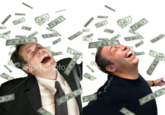 stock photo of person in suit smiling while getting rained on with money and person recretaing the photo