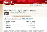 Re ood network Tailgating Quick & com Enter Search Term Home Rcipes Seasonal My Mums Spottier D--- Recipe My Mums Spottier D--- Recipe courtesy Jamie Oiver Recipe categories: Fruit, Raisins, Apricot, Oranges, more Recipe Ratings & Reviews (2) Rate This Recipe Read 2 Reviews o Total Time: Prep Cook 3 hr 15 min 15 min 3 hr 0 min Yield: 6 servings Level: Easy This is a proper "blokes" puddling-loads or custard, a little warmed syrup over the top and even some cream. Superb!