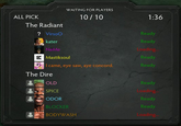 WAITING FOR PLAYERS ALL PICK 10/10 1:36 The Radiant VirsoO kater NeMe Mastiksoul lcame, eye saw, aye concora Ready Ready Loading Ready Ready The Dire SPICE ODOR BLOCKER BODYWASH Ready Loading Ready Ready