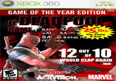 XBOX 360 GAME OF THE YEAR EDITION XBOX LIVE NTSC OVER GAME BANC Ibs. of T---, P---- & Ass! BA G BANG PE FW 12 10 OUT OF WOULD CLAP AGAIN IGN- EVERYONE 10+ 360D's SoM MARVEL CONTENT RATED BY ESRB