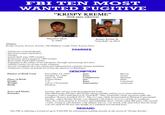 FBI TEN MOST WANTED FUGITIVE “KRISPY KREME" (birth name unknown) OUNTY JAIL Mugshot taken in 2009 Krispy Kreme & "Gun Kid" in 2012 Aliases Krispy Kreme, Kreczy, Kreme, Te Baddest, Lcigh Allen, Kcyser Söze CHARGES - Numerous criminal threats - Physical assault and batter - Slander - Grand theft auto (400 counts) -Posscssing stolcn propcrty (400 counts) Rcal cstate fraud (400 counts) - Engaging in the affairs of an cnterprisc, through rackctccring activitics Animal cruelty involving exotic creatures - Sexual corruption of every minor girl (international criminal charges pending) - Numerous counts of assault involving the ignition of flatulence DESCRIPTION Datc(s) of Birth Used: Place of Birth Height Weight Build November I8, 1994 Octobcr 15, 1990 April 20, 1968 United Statcs 5'4" 120 to 130 pounds Medium Hair Eyes Complexion Sex Race Nationality: Brown Green Medium Male Caucasion American Scars and Marks: Remarks Exactly 400 various scars throughout his body Has debilitating allergics during the spring months, and iven to sinus infcctions. Conspires with a man known as "Gun Kid". Thcy frequently incite mayhem under thc moniker "Kreczy GunKid 2012". The two met while incarcerated at Holman Correctional Facility, where Krispy Kreme was charged with battery of every inmate in residence. They have been known to terrorize and intimidate their victims using BB guns. One assault victim, acting in self-defense with infinity knives, was struck with such force that his body was elevated 80-90 fcet (the hcight of a standard recreational kite) REWARD The FBI is offering a reward of up to $100,000 for information lcading dircctly to the arrest of "Krispy Kreme"