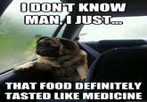 IDON'T KNOW MAN I JUST THAT FOOD DEFINITELY TASTED LIKE MEDICINE quickmeme.com