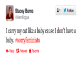 ▼ y Follow Stacey Burns @WentRogue cat like a baby causeI baby. #sorryfeminists Reply Retweet ★ Favorite